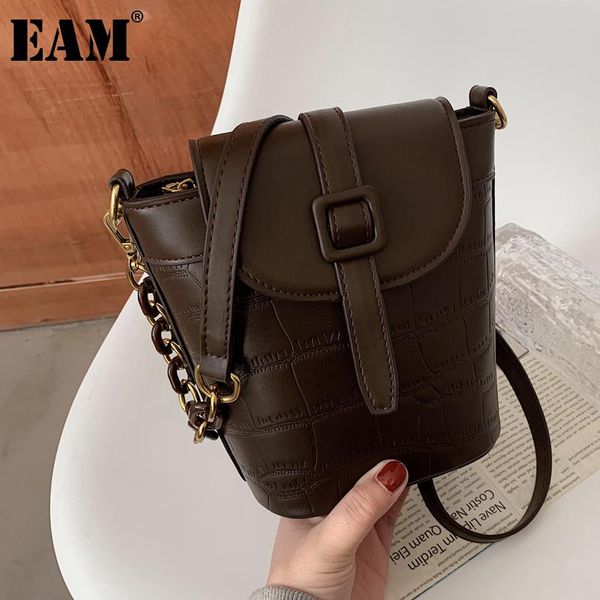 

cross body [eam] women vintage metal chains bucket pu leather flap personality all-match crossbody shoulder bag fashion 2021 18a1551