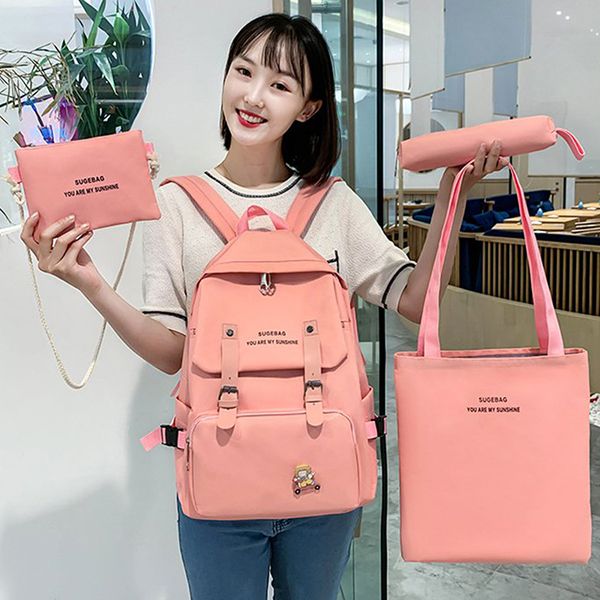 

4pcs 2020 canvas backpack set women shoulder bag anti-theft travel bag cute backpack kawaii school bag y0125