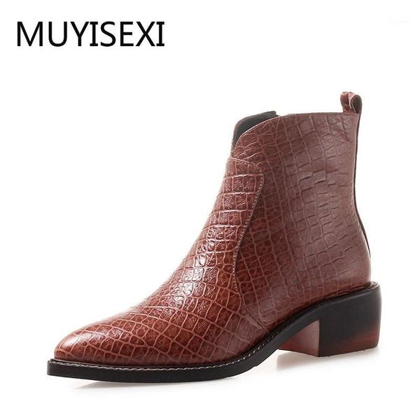 

girls ankle boots natural genuine leather pointed toe thick heels autumn winter women boots motorcycle plus size fld03 muyisexi1, Black