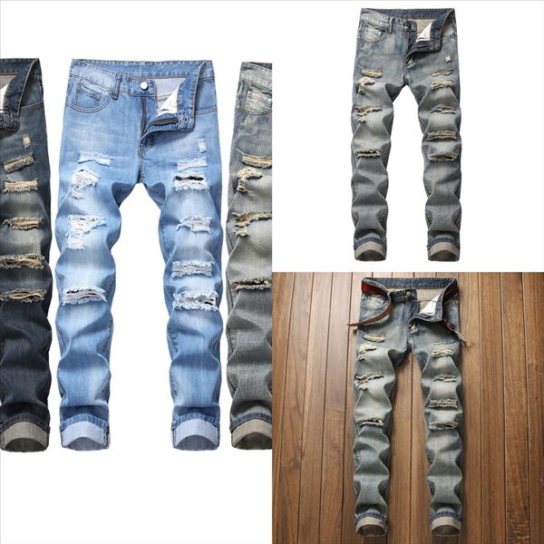 

9wyd4 men's distressed ripped jeans hole man s luxury dener denim jeans fashion designer mens jeans slim motorcycle hop biker causal me, Black