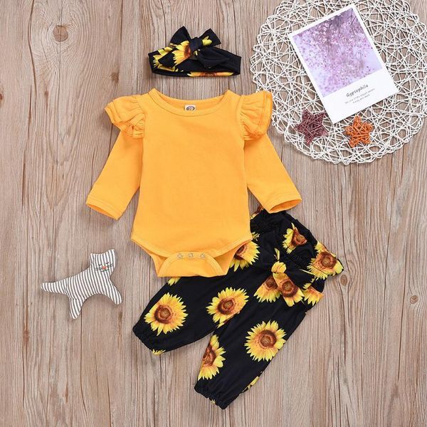 

3pcs newborn clothes sets infant baby girl solid color romper +sunflower floral pants+ headband outfits roupa infantil 20201, White
