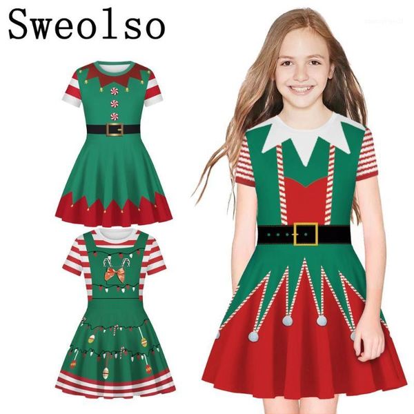 

casual dresses sweolso pattern girls christmas dress party costume gift for 4-8 years old year girl kids children clothing short sleeve1, Black;gray