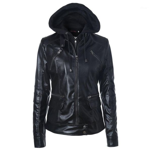 

sisjuly gothic women pu jacket coat feux leather plus size zipper button pocket hooded slim cool motorcycle high street work1, Black