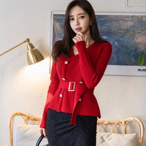 

spring women red sweater coat 2020 fashion double-breasted knitted elegant belt long sleeve chic knitting sweater femme1, White;black