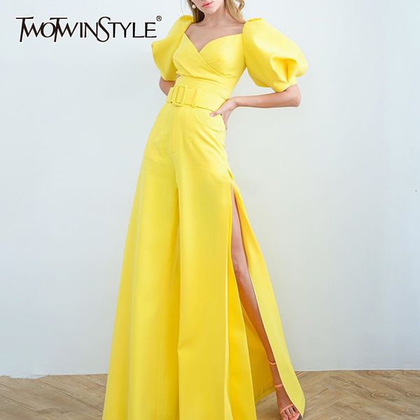 

jumpsuits for women square collar lantern half sleeve high waist side split flare pants female fashion 2019 t200303, Black;white