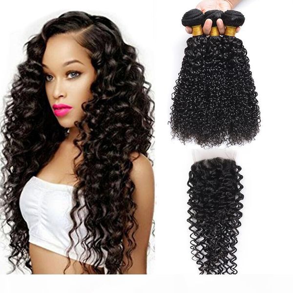 

brazilian curly wave 3 bundles with closure part hair weave bundles virgin human hair three middle part weaves with closure, Black;brown