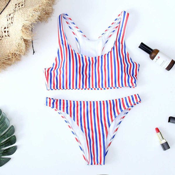 

new high collar multicolor printed striped bikini split swimsuit, White;black