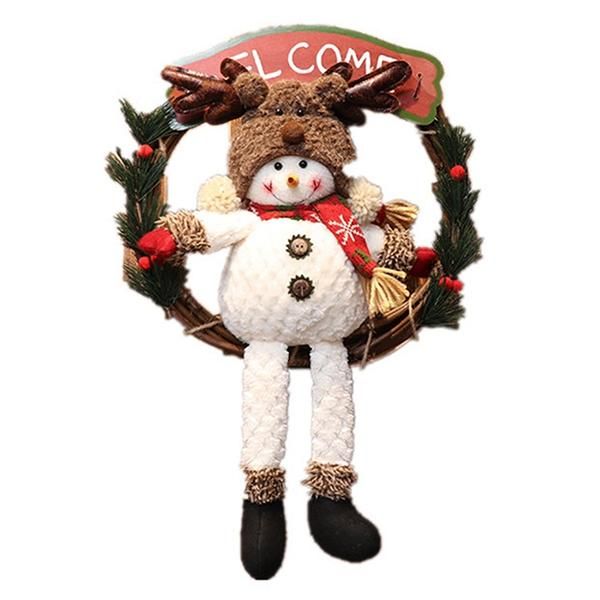 

1 pcs rattan christmas wreath garland with snowman doll and wooden welcome sign holiday hanging wall window