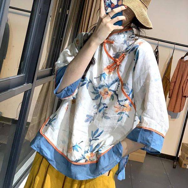 

2020 summer new arts style women half sleeve loose vintage button shirts patchwork cotton linen print blouses femme m176, White