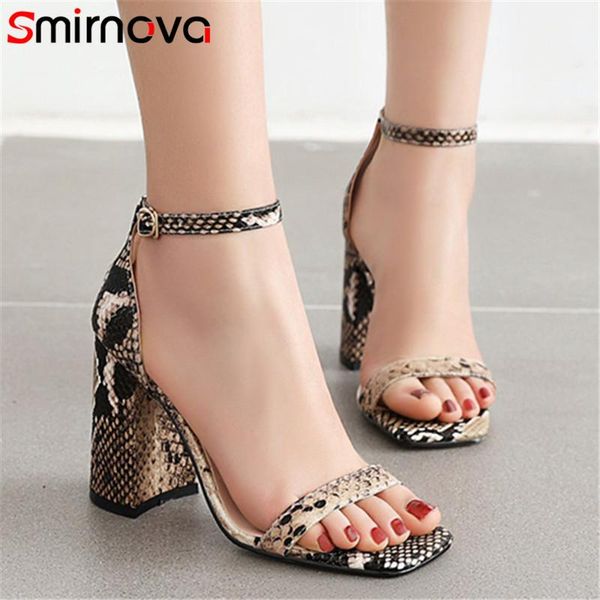 

smirnova 2020 square high heels women sandals pu snake ankle buckle summer party wedding shoes ladies sandals big size, Black