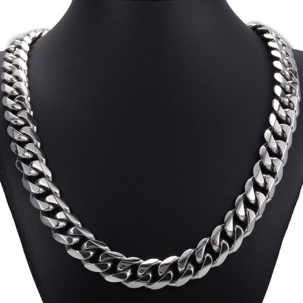 

14.5mm heavy polished silver color tone cut curb cuban mens chain 316l stainless steel necklace clasp hn48q0115, Golden;silver
