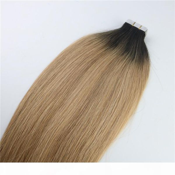 

tape in human hair extensions ombre hair brazilian virgin hair balayage dark brown to 27 blonde extensions highlight skin weft, Black