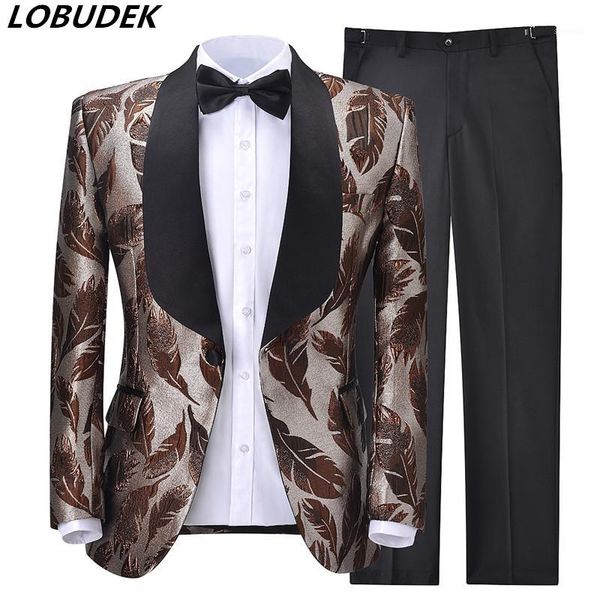 

2-piece jacquard suit men's wedding groomsman formal suits gold feathers pattern tuxedo blazers banquet evening party host suit1, White;black