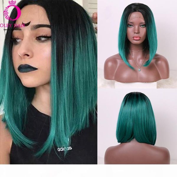

oley hair short bob green wig with black root synthetic lace front wig glueless middle part gray pink ombre wigs for black women