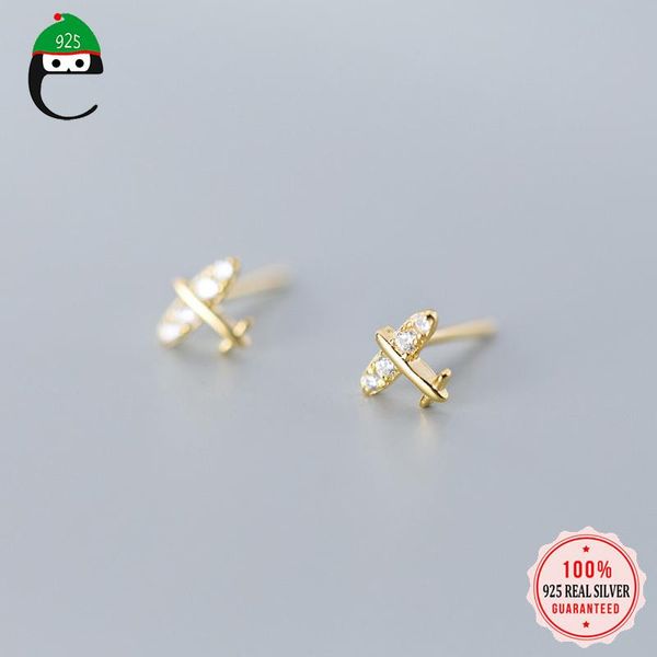 

stud elfoplatasi 925 sterling silver sweet dazzling plane airplane cz earrings for women jewelry wedding gift da294, Golden;silver