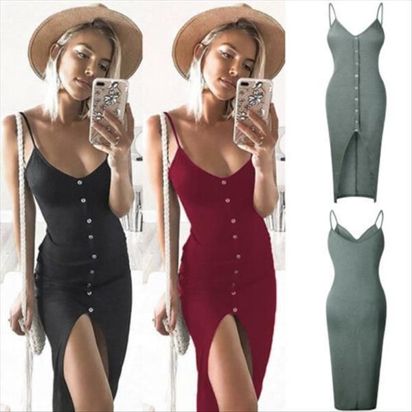 

womens sleeveless strappy tank dress slim rib knit button split party midi dress summer drop shipping, Black;gray