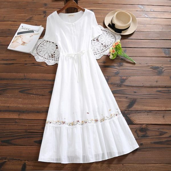 

mori girl embroidery flower midi dress spring summer white cotton and linen short sleeve elegant party vestido longo, Black;gray