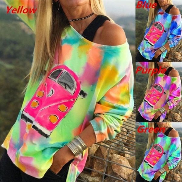 

tie dye designer tshirts women loose casual one shoulder long sleeved pullover tshirts fashion womens, White