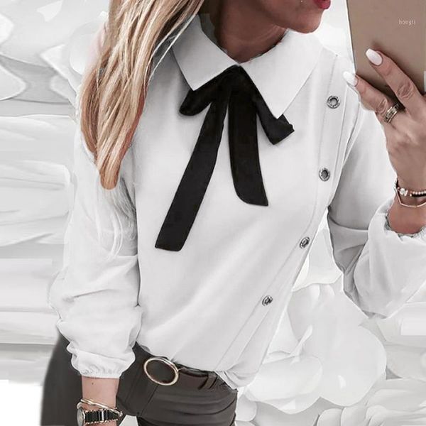 

womens spring and autumn lightweight elegant lantern long sleeve blouses rivet decor tunics lapel neck tie knot front shirts1, White