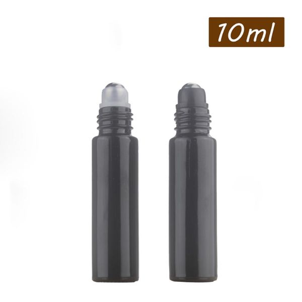 Flacone di profumo roll-on in vetro nero lucido da 10 ml per olio essenziale di crema per gli occhi con tappo in metallo nero con rullo in pietra preziosa SS