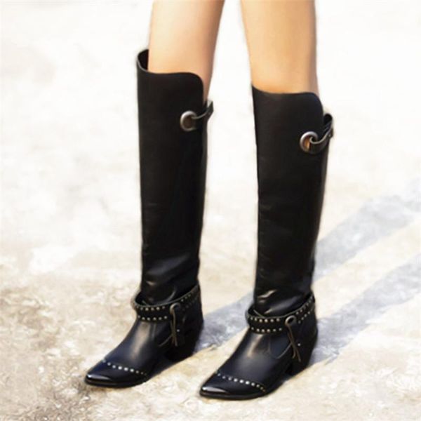 

boots black pointed toe rivet women thigh high genuine leather over the knee autumn winter heel botas mujer