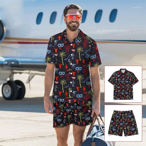 

new hawaiian sea coconut tree print rompers men beachwear short sleeve harem cargo overalls summer casual zipper beach mens sets1, Gray