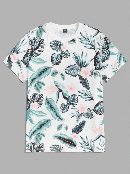 

men tropical print crew neck tee w164#, White;black