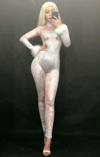 

stage wear white lace rhinestones feathers bodysuit female singer jumpsuit celebrate party costume glisten stretch nude outfits, Black;red