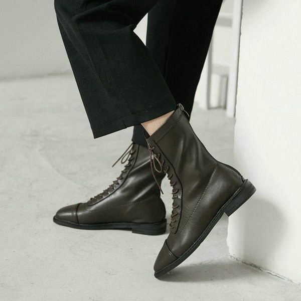 

boots eshtonshero 2021 woman shoes ankle leather white lace up square high heel women round toe ladies motorcycle size 3-81, Black