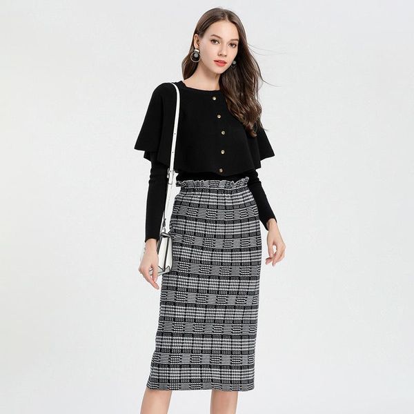 

women's tracksuits selling dress suit winter temperament office lady skirt long over the knee shawl knitted falbala dolman sweater, Gray