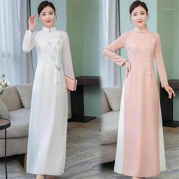 

vietnam traditional style woman ao dai dress elegant long sleeve party cheongsam chinese national retro pink chiffon qipao1, Red