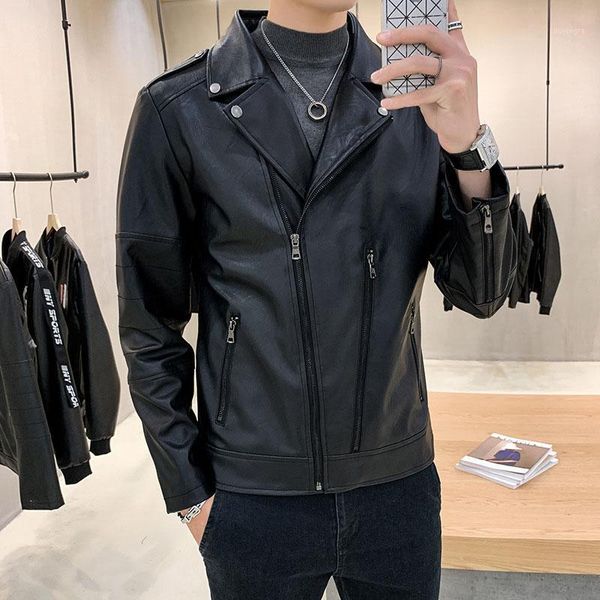 

2019 punk style men's notched slim fit leather jackets zipper moto bike faux leather jacket men fall pu coat autumn outerwear y1, Black
