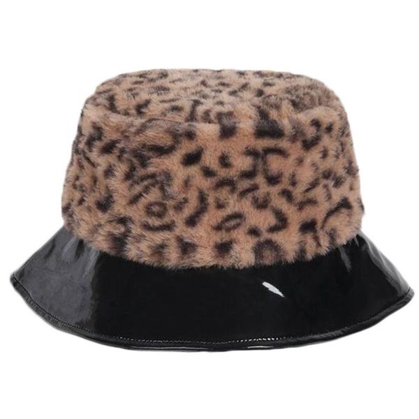 

wide brim hats women winter fuzzy plush leopard bucket hat faux leather short panama cap 77he, Blue;gray