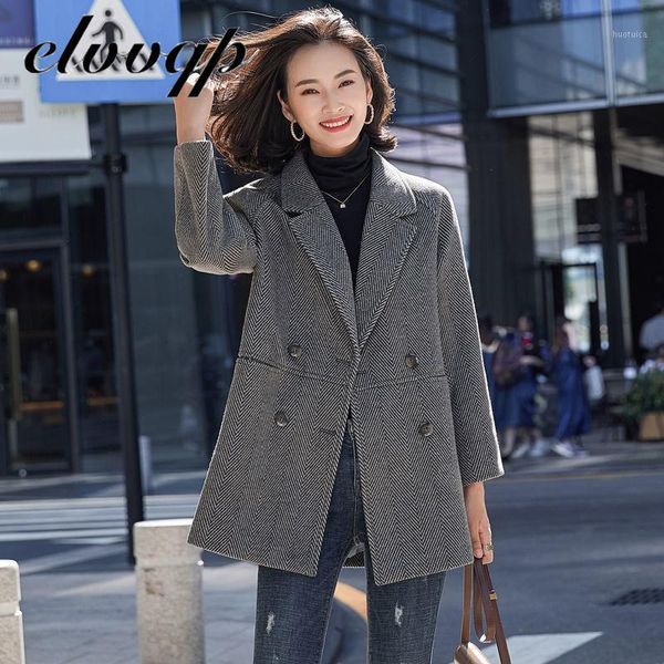 

elegant double breasted striped woolen blazer long sleeve turn down collar autumn winter women work office coat jacket female1, Black
