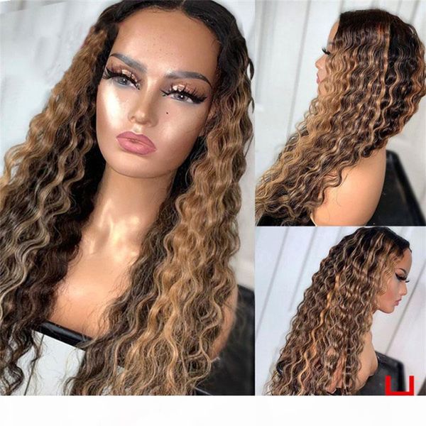 

jaymay highlight wig honey blonde lace front wig human hair pre plucked deep curly frontal with 5x4 pu scalp ombre blonde, Black;brown