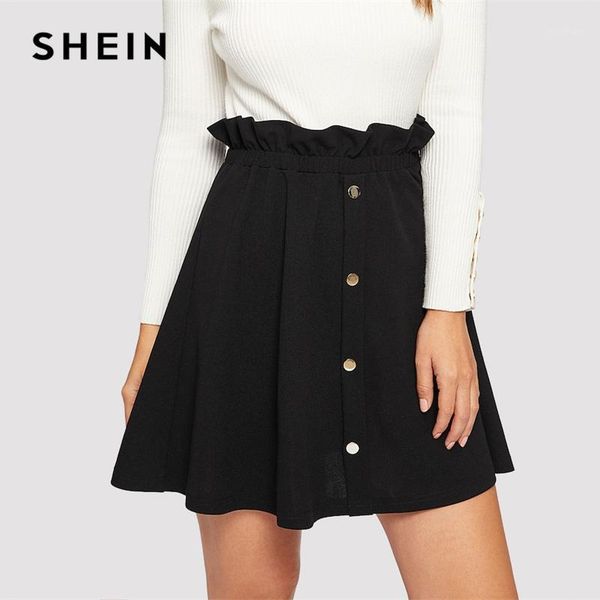 

shein black paperbag waist ruffle button front shift skirt casual high waist a line women skirts 2019 summer slim skirt1