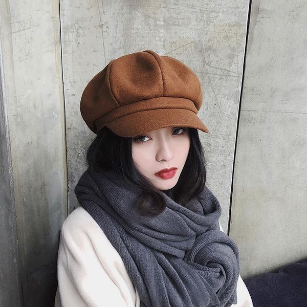 

stingy brim hats japanese woolen octagonal hat for women fashion korean french style solid color retro beret autumn and winter, Blue;gray
