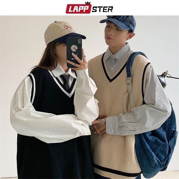 

lappster men striped knitted sweater vest mens v neck harajuku korean fashions wool vest male streetwear black clothing 201201, White;black