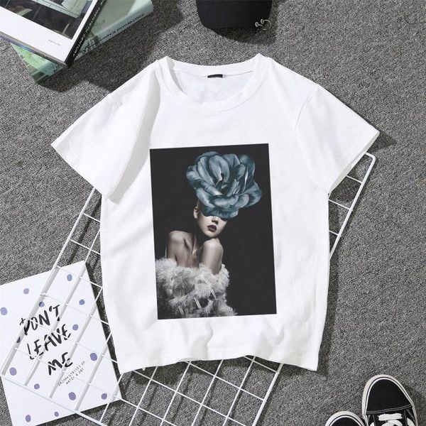 

summer 2019 vogue vintage flowers feather graphic tees harajuku aesthetic women t shirt short sleeved casual tshirt, White
