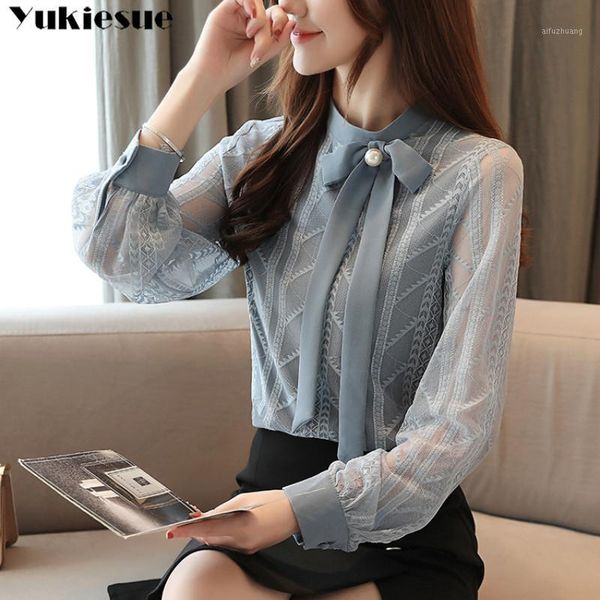 

2020 fashion women blouse shirt green color long sleeve lace women's clothing office hollow out plus size feminine blusas1, White