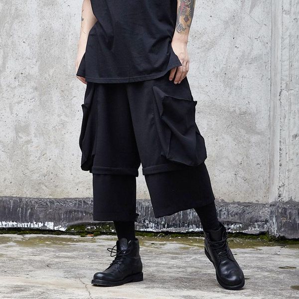 

male gothic hip hop harem trousers kimono pant men streetwear big pockets fake 2pcs splice loose casual wide leg cargo pants1, Black