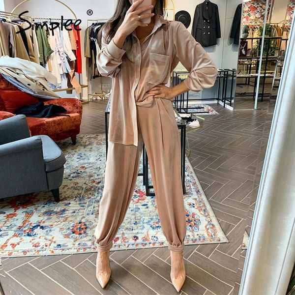 

simplee long sleeve velvet blouse pants belt outfits feamle two-pieces soft trousers set pocket knitted autumn winter suit 201120, White