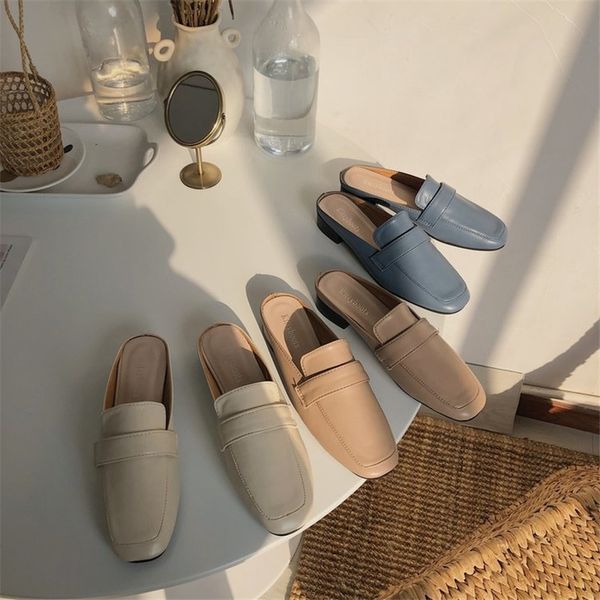 

women slippers flat women casual shoes slip on slides pearl buckle mules square toe low heel shoes wedges sandals t200411, Black