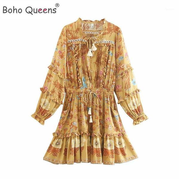 

vintage chic women floral print long sleeve tassel ruffles beach bohemian mini dresses ladies elestic waist rayon boho dress1, Black;gray