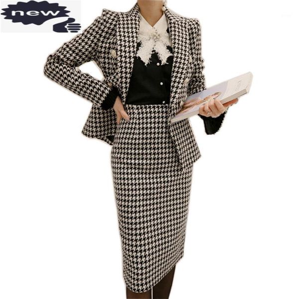 

new formal office ladies suits bodycon wrap blazer outfits business woman slim fit jacket set plaid high waist skirt suit1, White