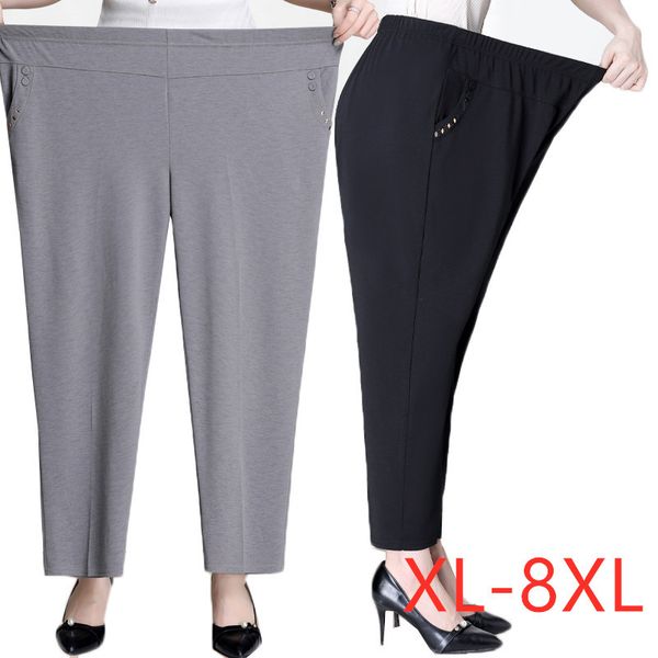 

2021 new plus size 5xl 6xl 7xl 8xl women summer new elastic waist middle-aged mother straight pants m17c, Black;white