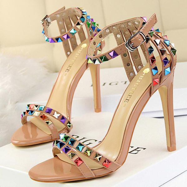 

2021 summer designer women 11cm stripper high heels party sandals roman open toe studded sandals trend mesh silver lady shoes, Black