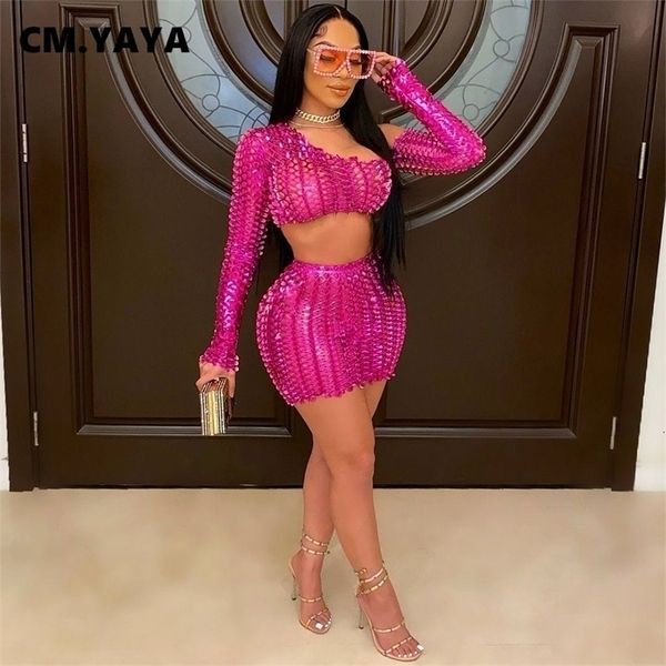 CM.YAYA Donna Set Solido Manica intera Colletto inclinato Crop Top Fodero Minigonne elastiche Set da 2 pezzi Abito da sera sexy da notte Estate 220302