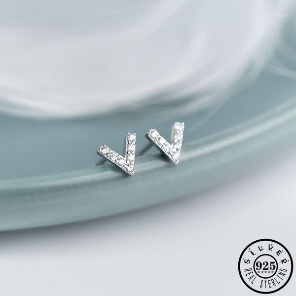 

fashion 925 sterling silver small alphabet letter v shape gold color plated ear studs cubic zirconia earrings jewelry for women1, Golden;silver