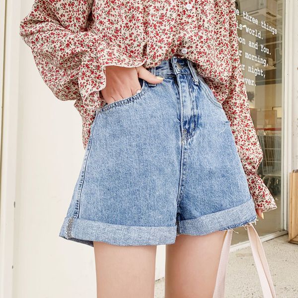 

2021 new summer girl's vintage blue leg denim female streetwear high wasit jeans shorts v9s2, White;black